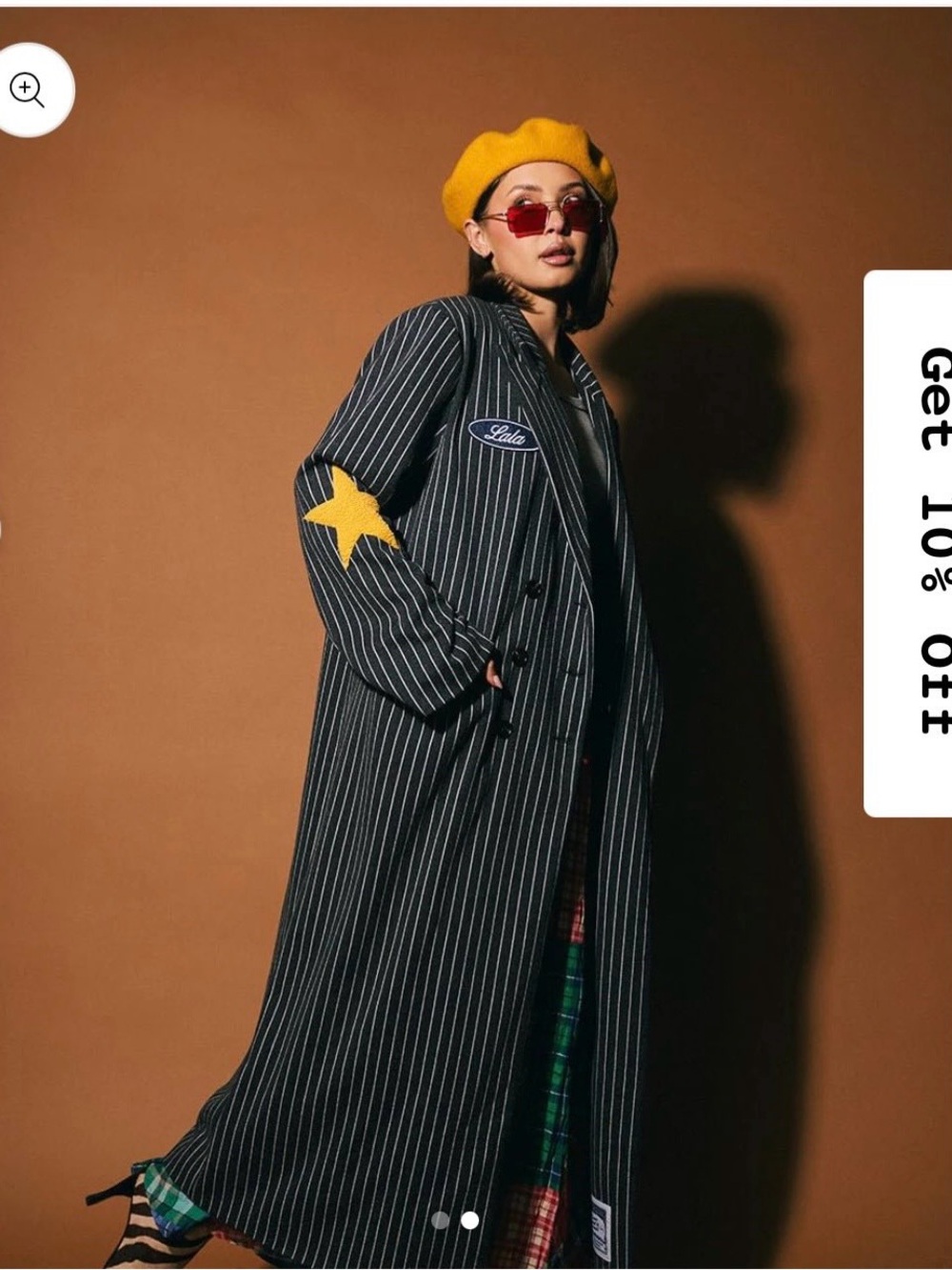 Dressed in Lala Long Pinstripe Coat with Yellow Star Elbow Detail - Women - Picture 9 of 10